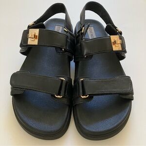 Steve Madden Mona Black Women’s Leather Sandals with Gold Detail. 12 M